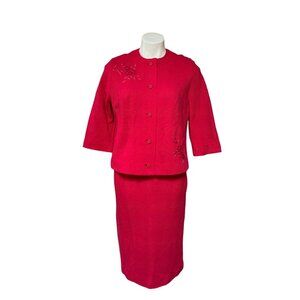 1960s Vintage Hot Pink Three Piece Wool Skirt Suit Semi-Formal Minimalist Jackie